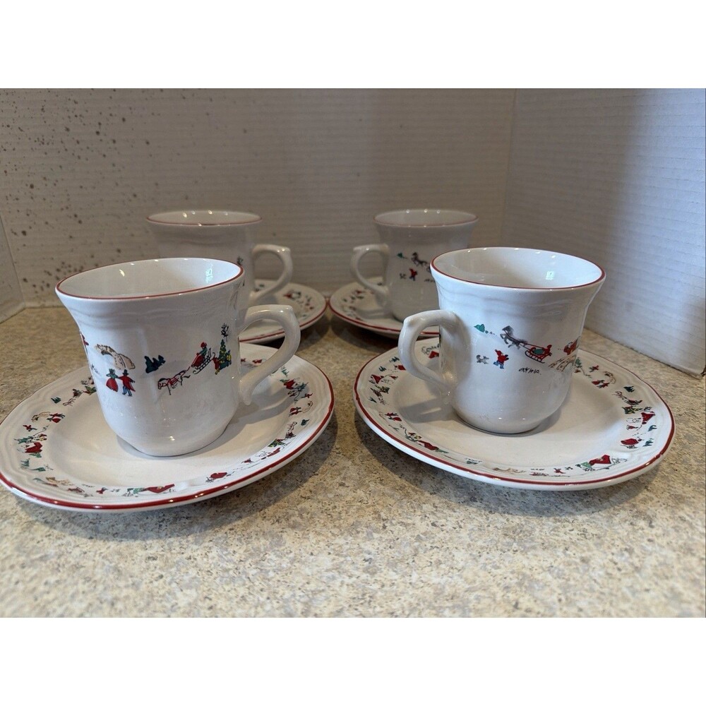 Set of 4 Pfaltzgraff Snow Village Christmas Snowman Coffee Cups & Saucers